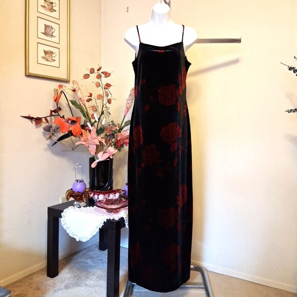 Vintage Separate Scene Black Red Floral Printed Maxi Evening Dress VTG Gowns - Picture 2 of 10